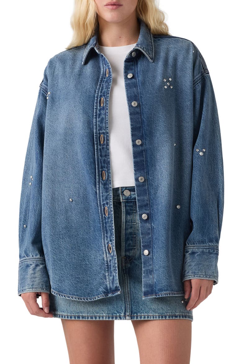 Jordan Crystal Embellished Oversize Denim Shirt Jacket, Main, color, TRIP ON DRIP SHIRT