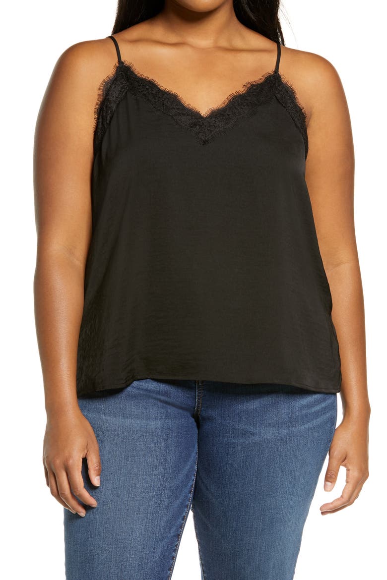 Leopard Print Lace Trim Camisole, Main, color, BLACK
