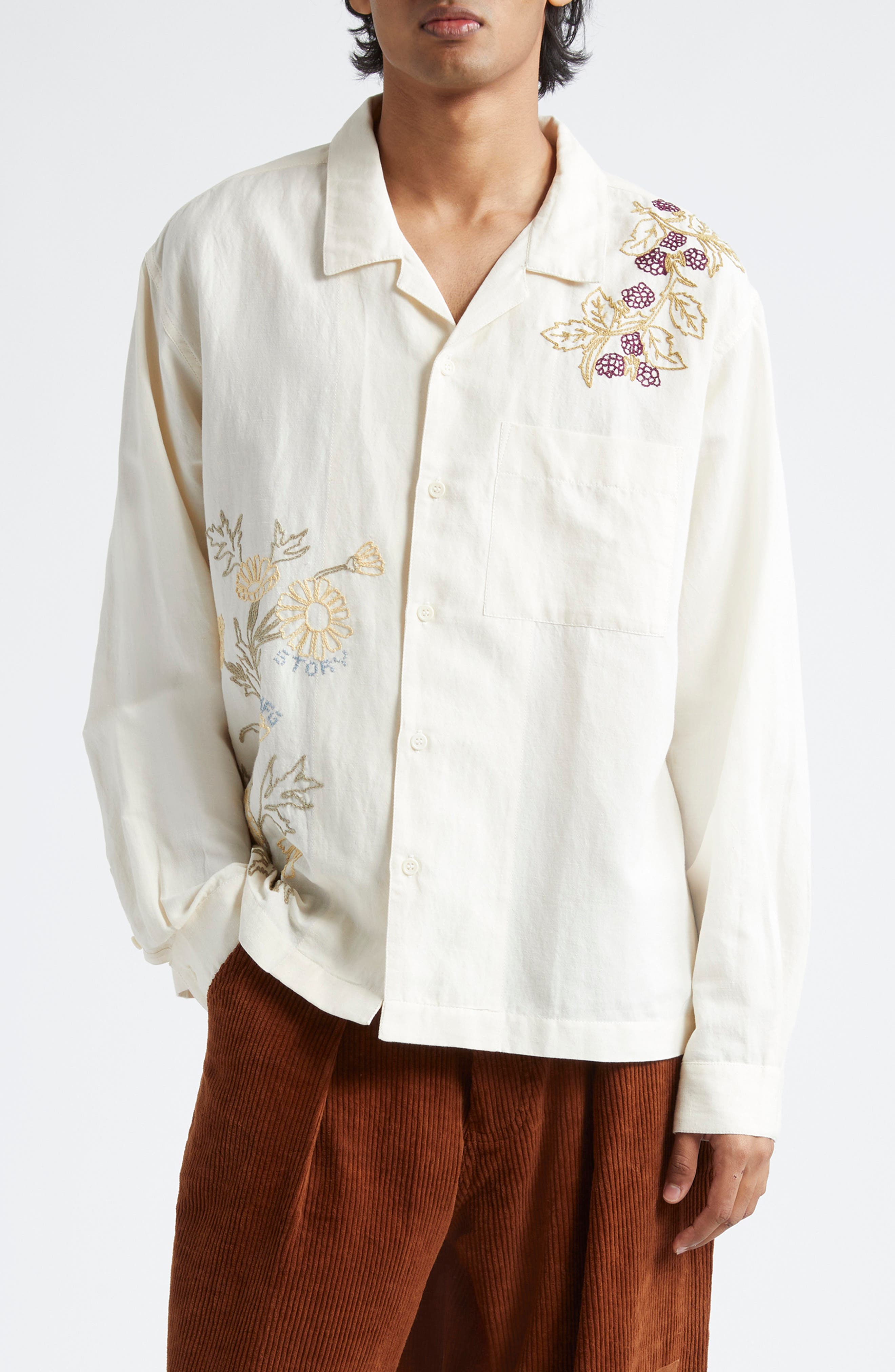 Story mfg. Greetings Embroidered Organic Cotton Button-Up Shirt in Ecru Wildflower 