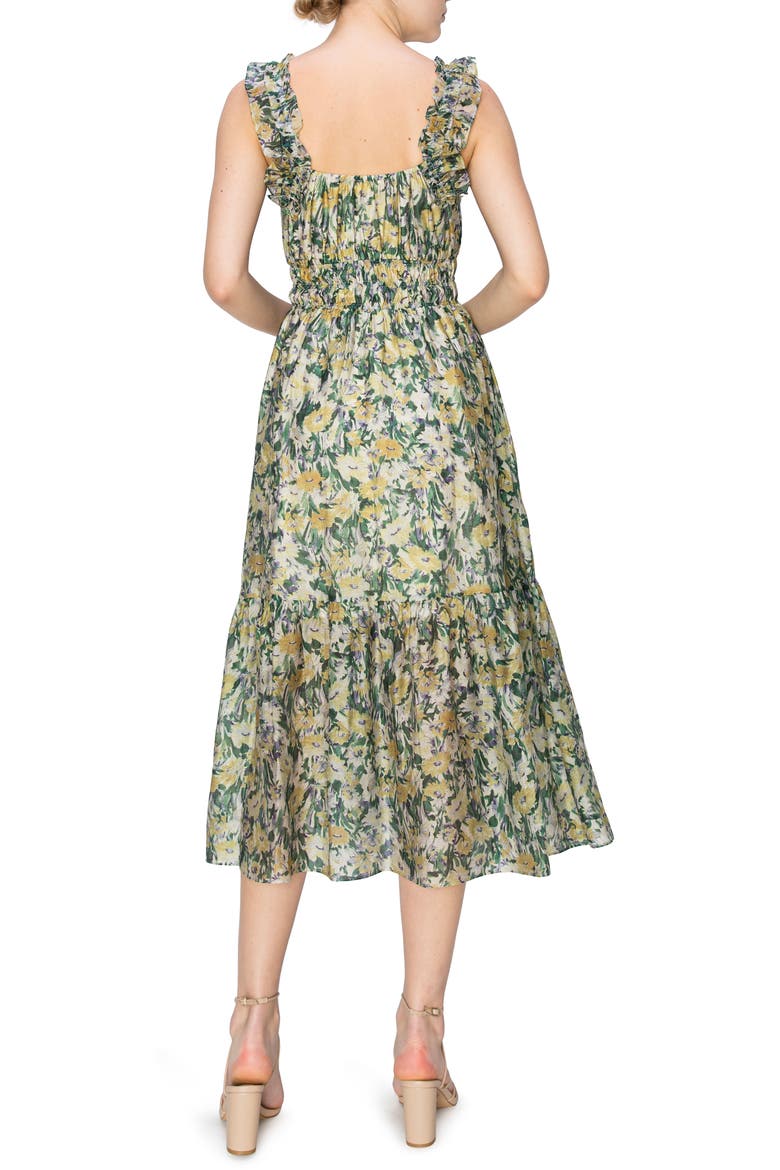 Floral Ruffle Shirred Midi Sundress, Alternate, color, GREEN/ YELLOW