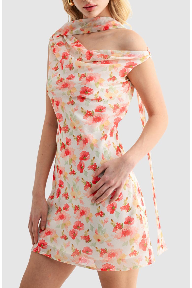 Floral Scarf Neck Minidress, Alternate, color, CREAM RED