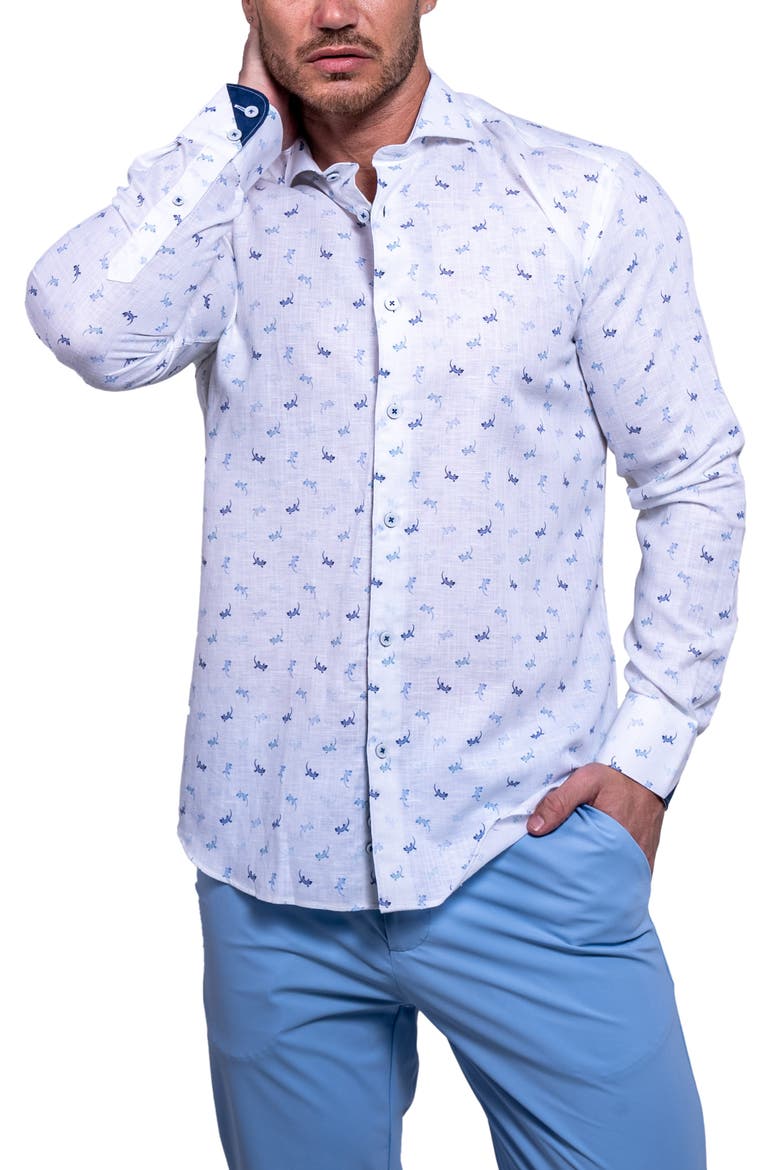 Einstein Resistance Contemporary Fit Lizard Print Linen & Cotton Button-Up Shirt, Main, color, WHITE