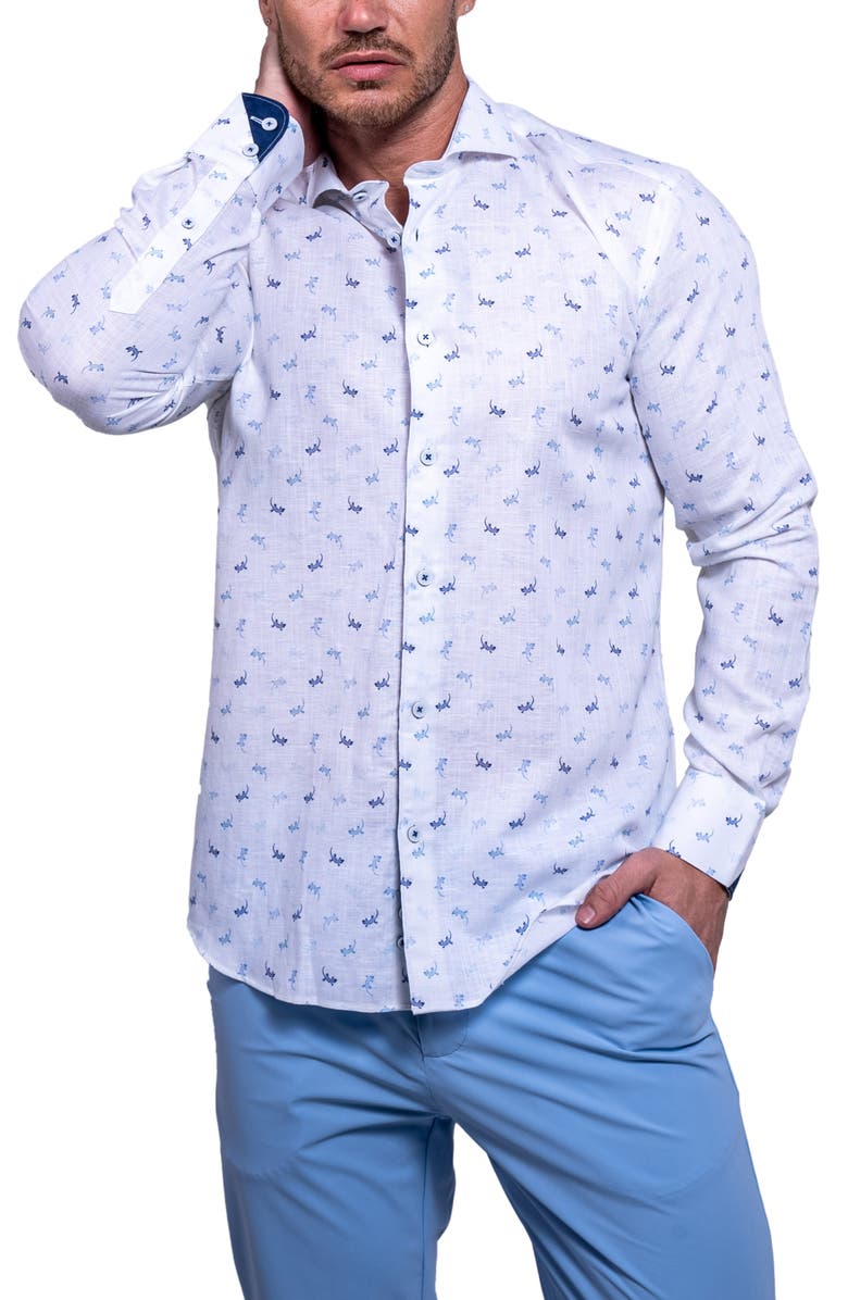 Maceoo Einstein Resistance Contemporary Fit Lizard Print Linen & Cotton Button-Up Shirt, Main, color, White