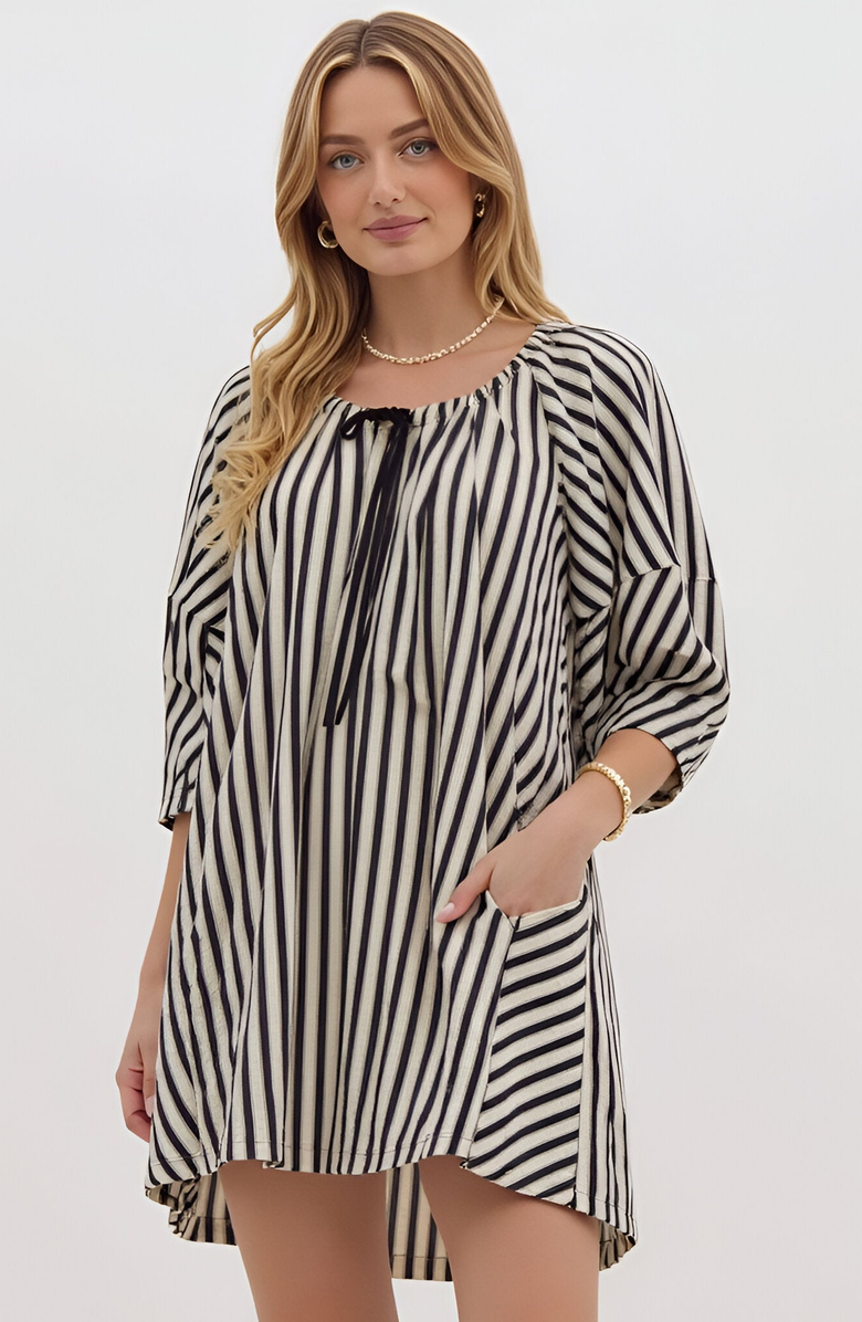 Modenaire Striped Mini Dress with Tie Neckline, Pockets and 3/4 Sleeves, Alternate, color, Black / White Striped