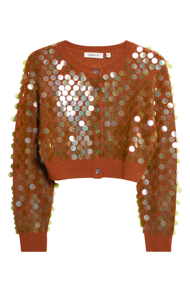 ZANKOV Mina Pointelle Knit Paillette Merino Wool & Cashmere Cardigan, Main, color, Tobacco