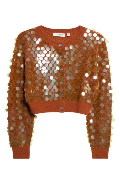 Mina Pointelle Knit Paillette Merino Wool & Cashmere Cardigan