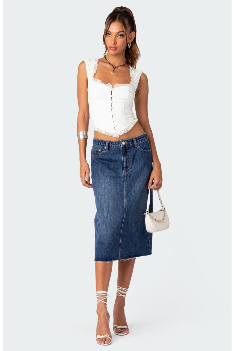 Mirah Raw Hem Denim Midi Skirt, Alternate, color, DARK-BLUE-WASHED