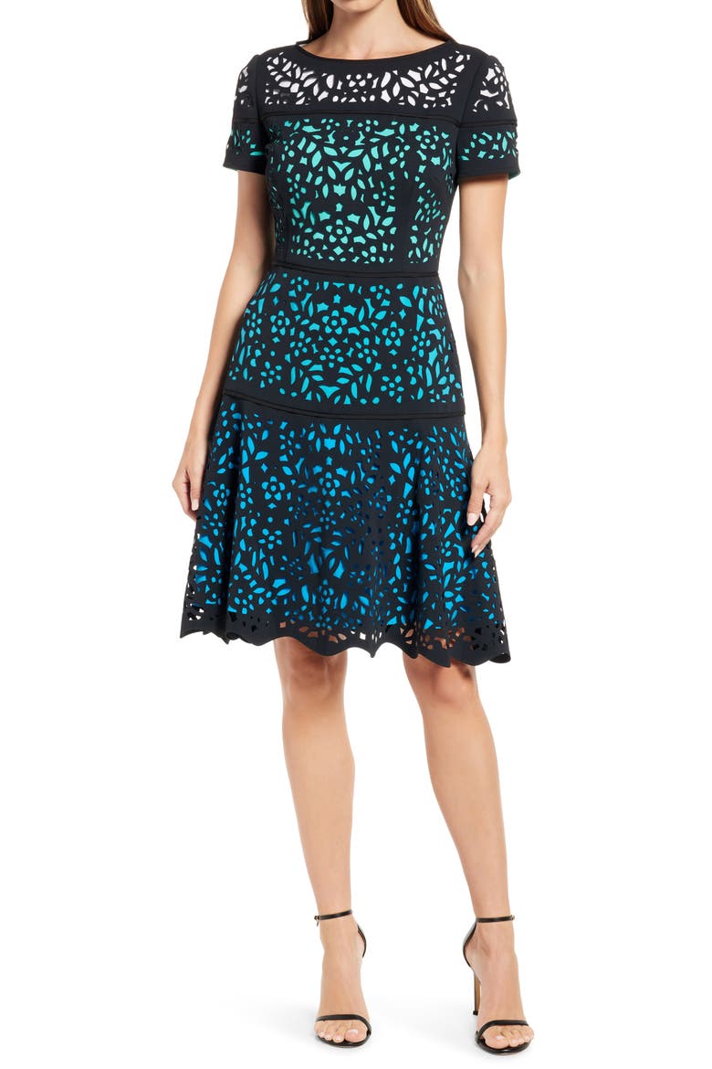 Ombré Lace Fit & Flare Dress, Main, color, BLACK/ TEAL