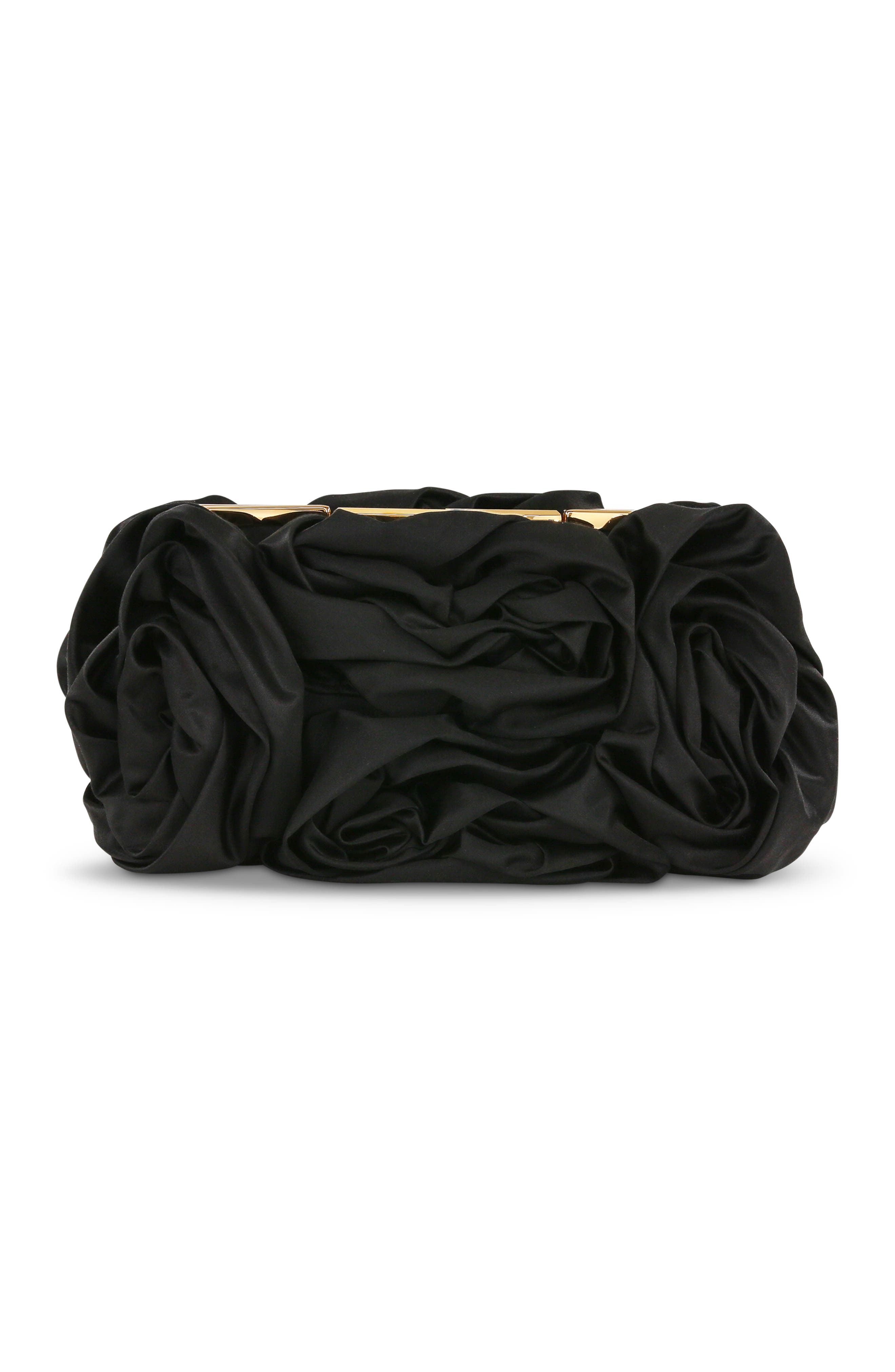BADGLEY MISCHKA Jett Silk Satin Rosette Clutch, Main, color, Black