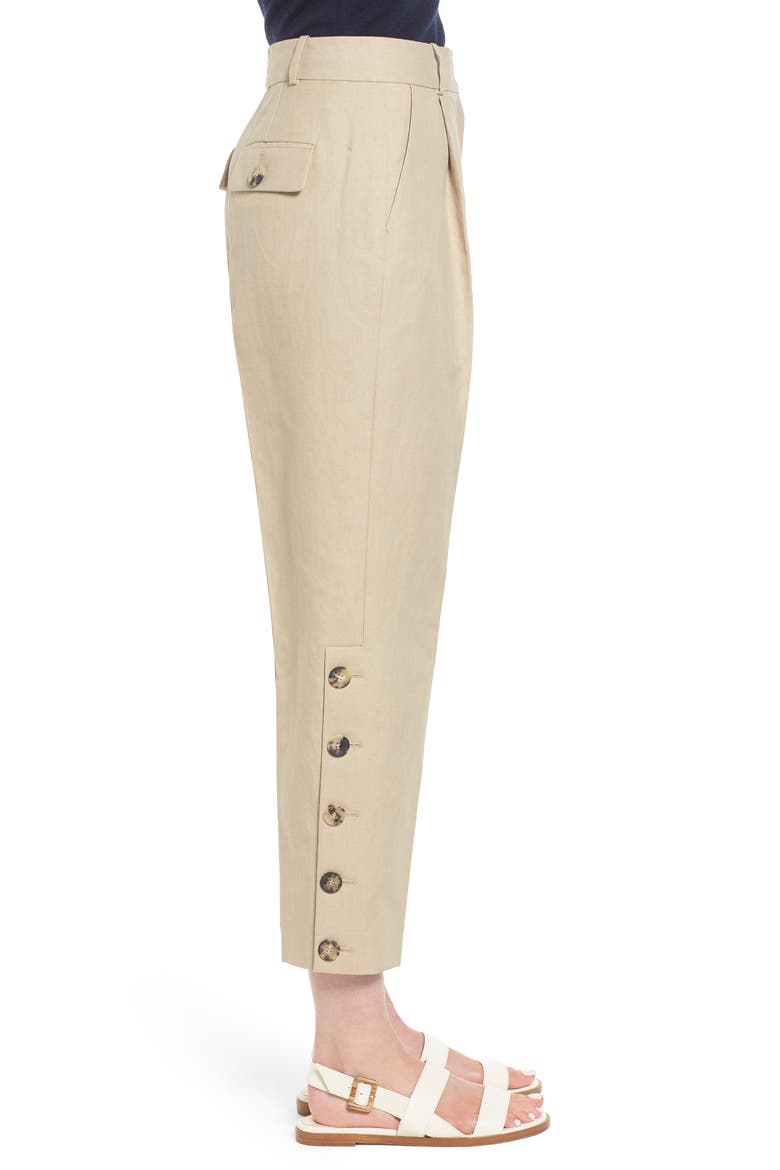 Button Side Crop Linen Blend Pants, Alternate, color, BEIGE HUMUS