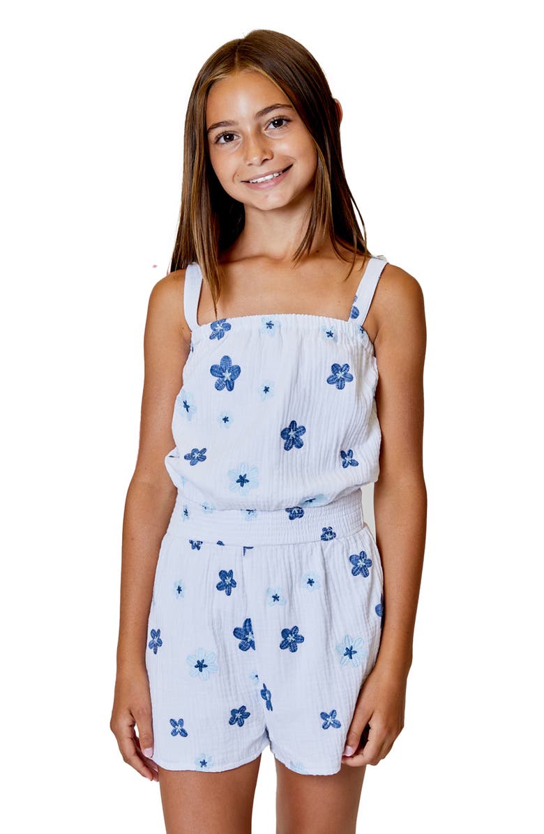 Design History Kids' Flower Print Cotton Gauze Romper, Main, color, Capri
