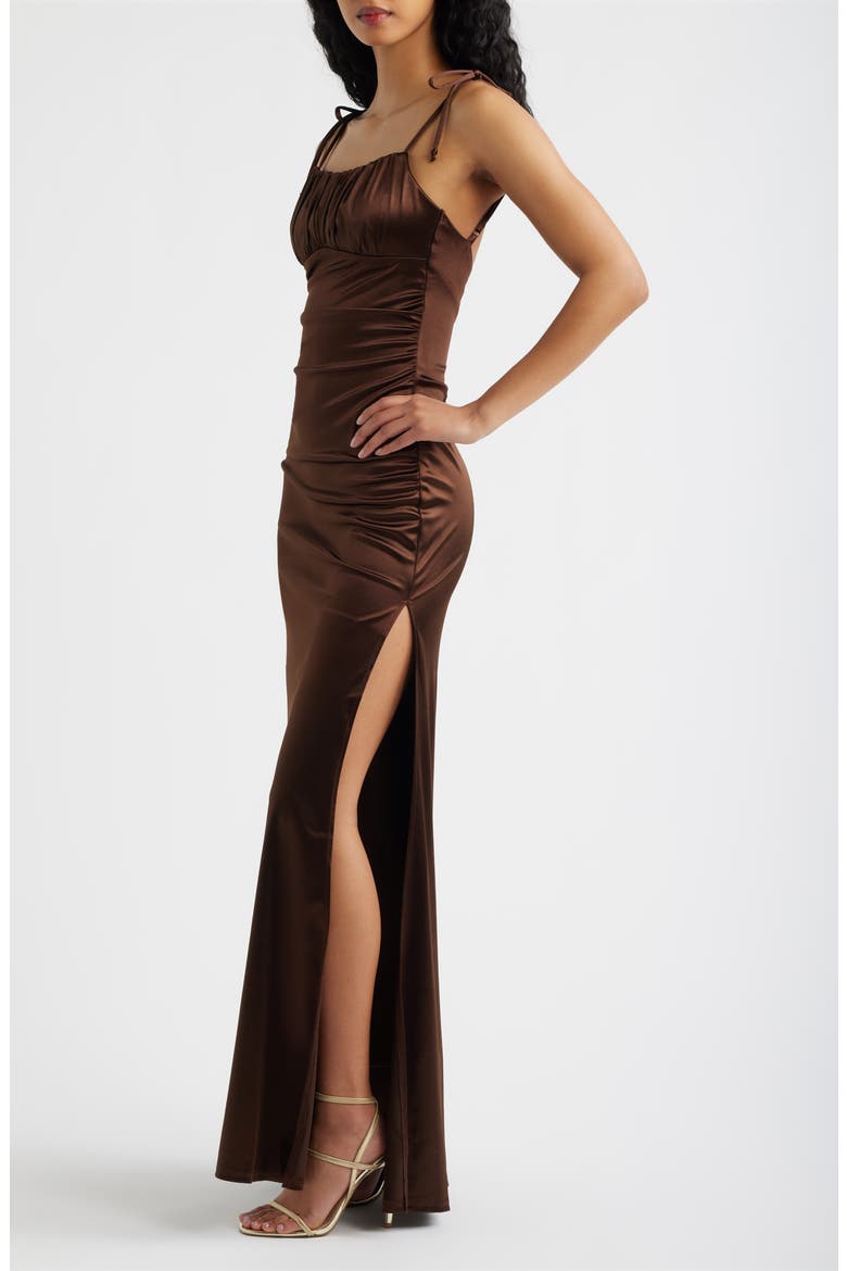 Emma Ruched Tie Strap Satin Gown, Alternate, color, CHOCOLATE