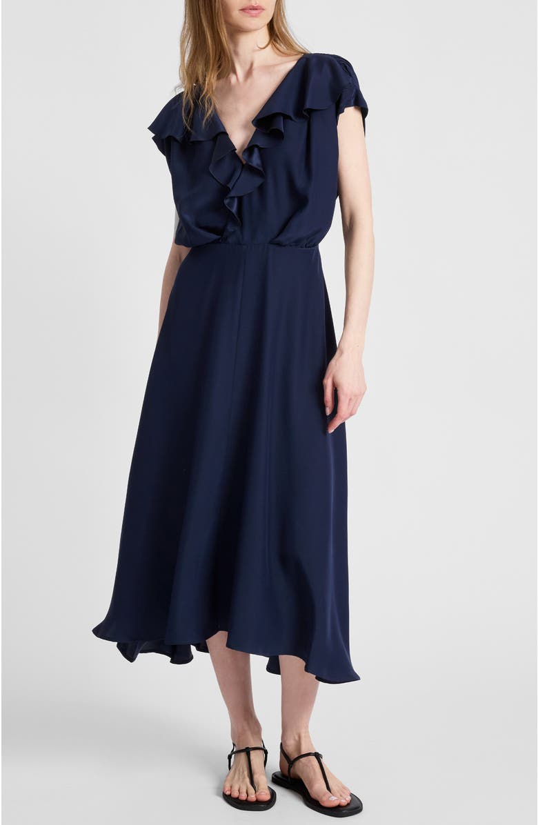 Santorelli Mandy Ruffled Faux Wrap Silk Midi Dress, Alternate, color, Midnight