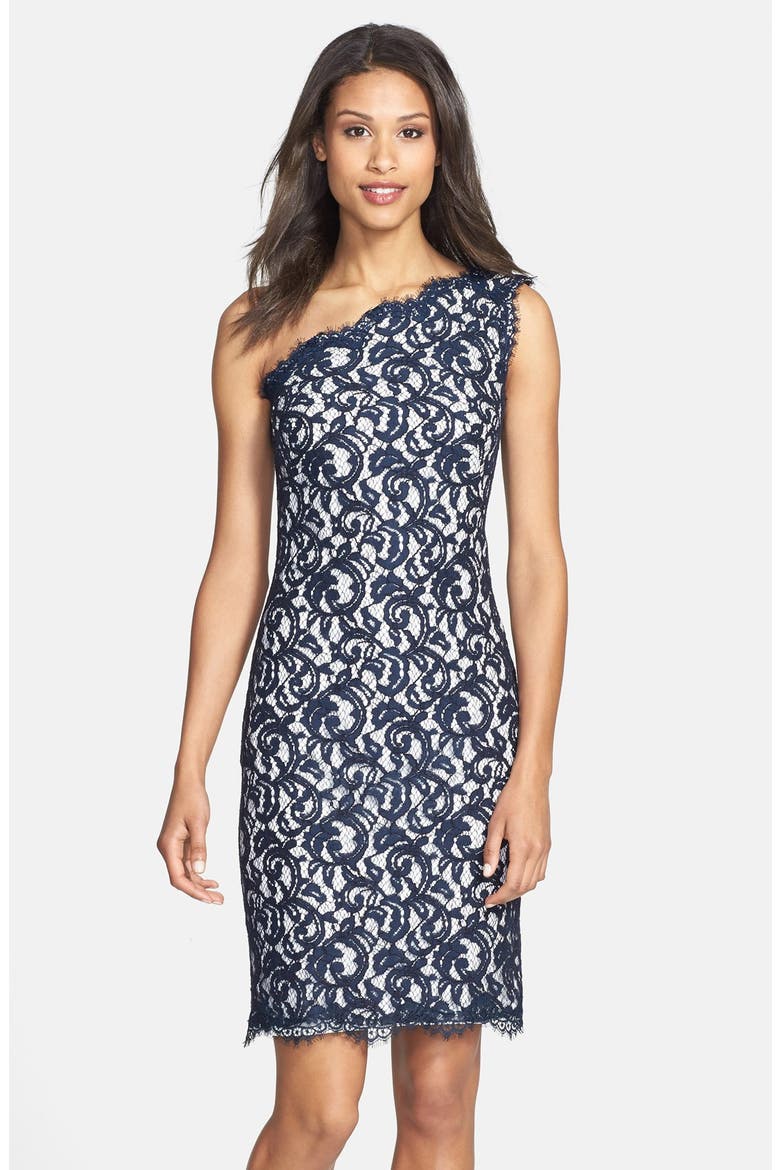 One-Shoulder Lace Sheath Dress, Main, color, NAVY/ IVORY