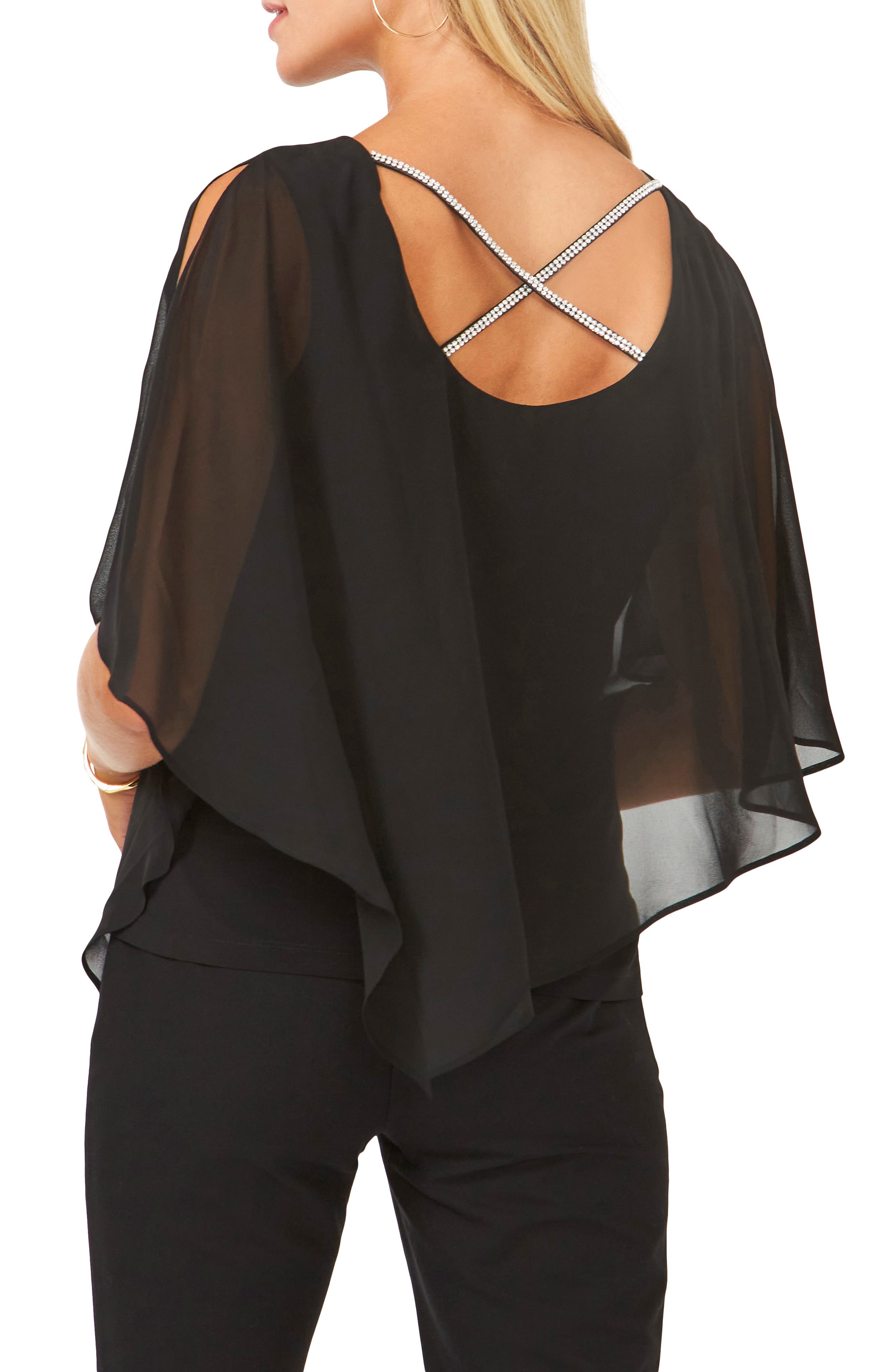 Rhinestone Trim Cold Shoulder Overlay Top - image 2