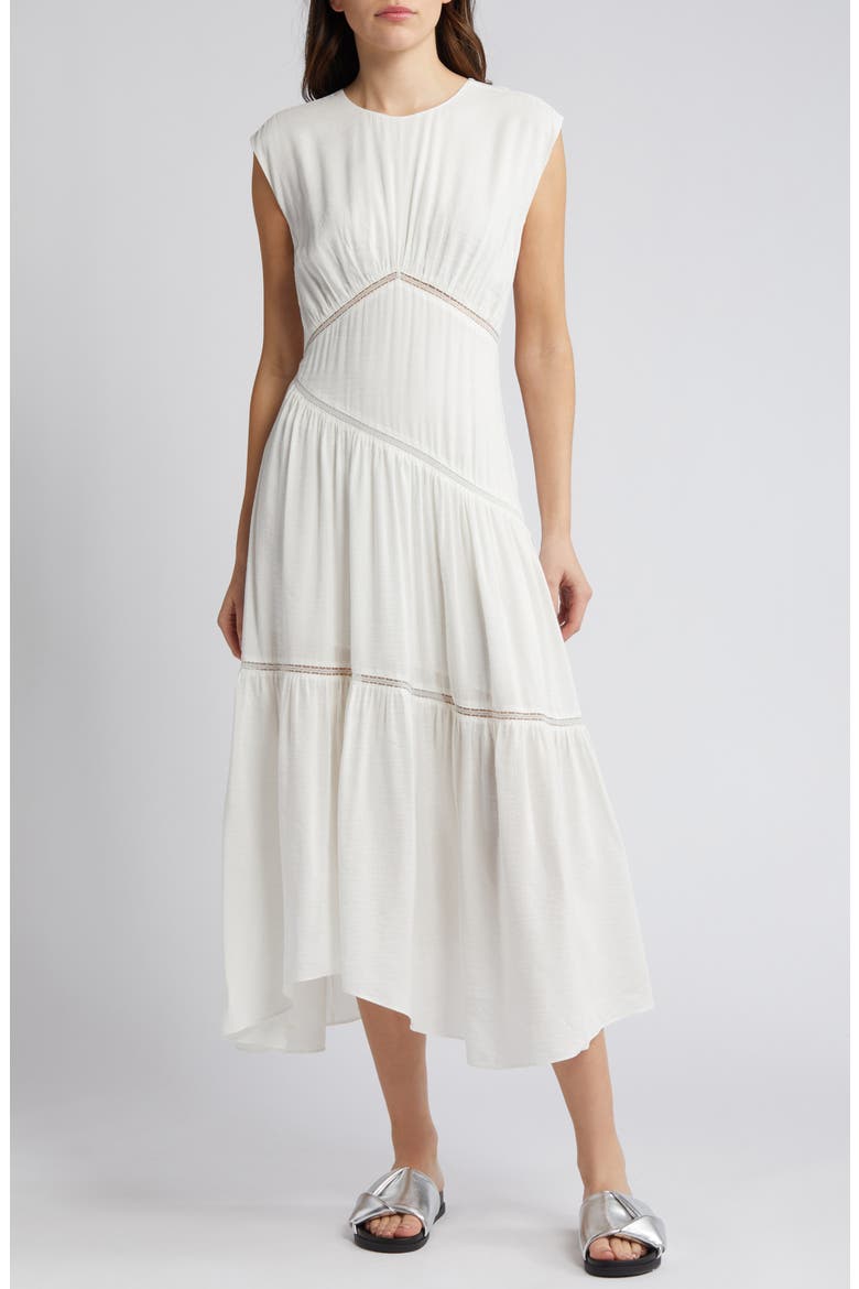Lace Inset Handkerchief Hem Linen Blend Midi Dress, Main, color, WHITE