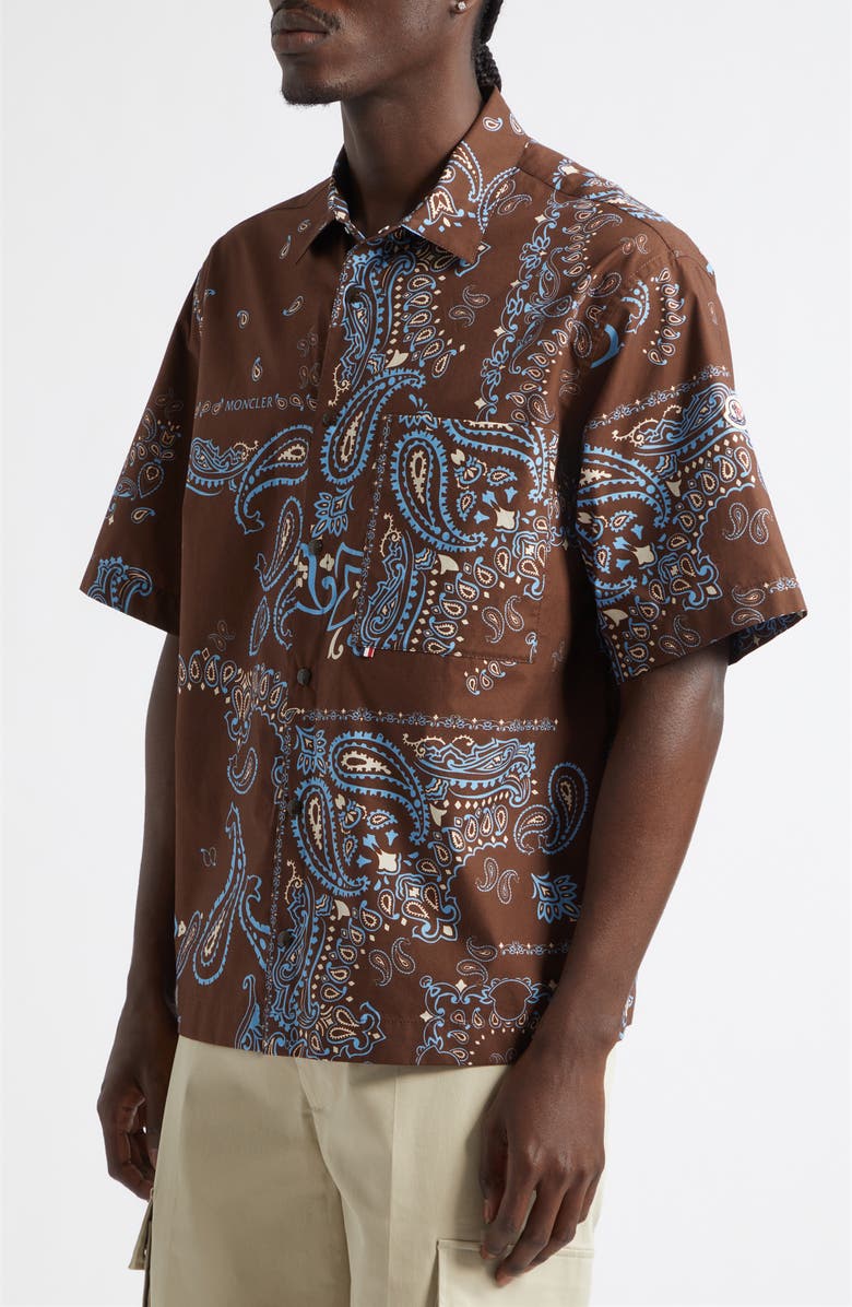 Moncler Bandana Print Short Sleeve Cotton Button-Up Shirt, Alternate, color, Parsley Brown/ Blue