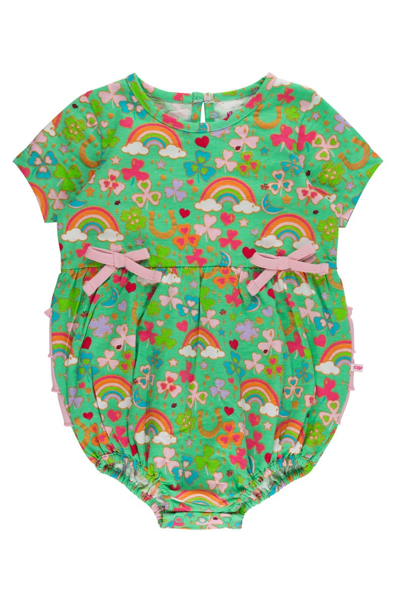 RuffleButts Knit Short Sleeve Bow Bubble Romper, Main, color, Green Lucky Day