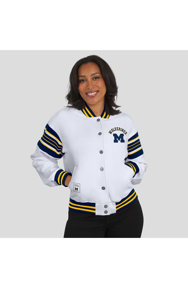WEAR by Erin Andrews Women's WEAR by Erin Andrews White/Navy Michigan Wolverines Satin Stitch Full-Snap Fleece Sweatshirt Jacket, Alternate, color, White