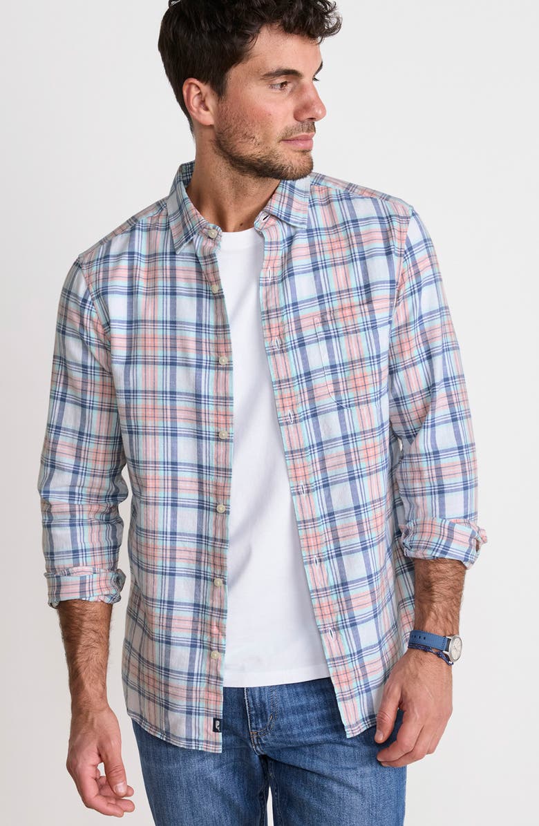 vineyard vines Folly Beach Plaid Island Slub Cotton Spread Collar, Alternate, color, Peaches & Cream