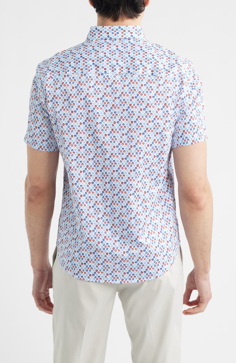 Johnston & Murphy Logan Dot Print Short Sleeve Cotton Blend Button-Up Shirt, Alternate, color, Blue / Red Ocean Icons