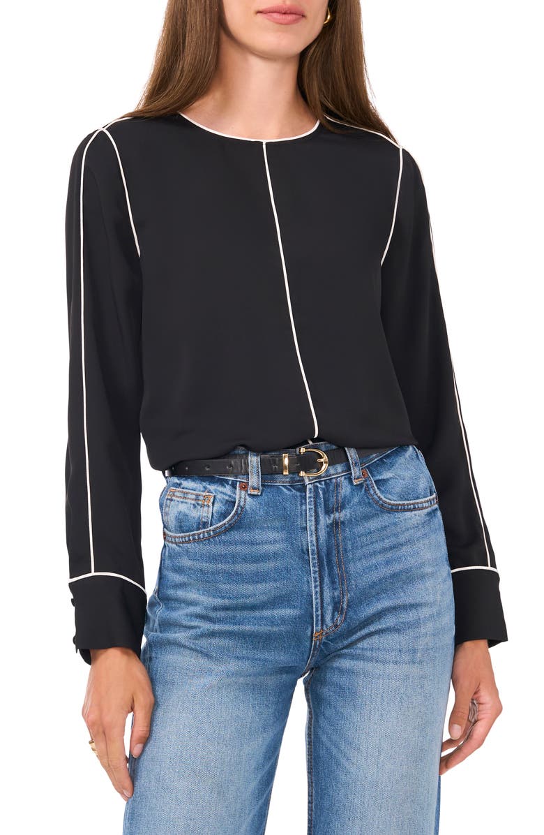 Vince Camuto Piped Long Sleeve CrÃªpe de Chine Top, Main, color, Rich Black