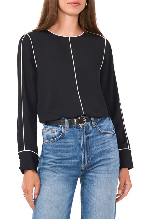 Piped Long Sleeve CrÃªpe de Chine Top