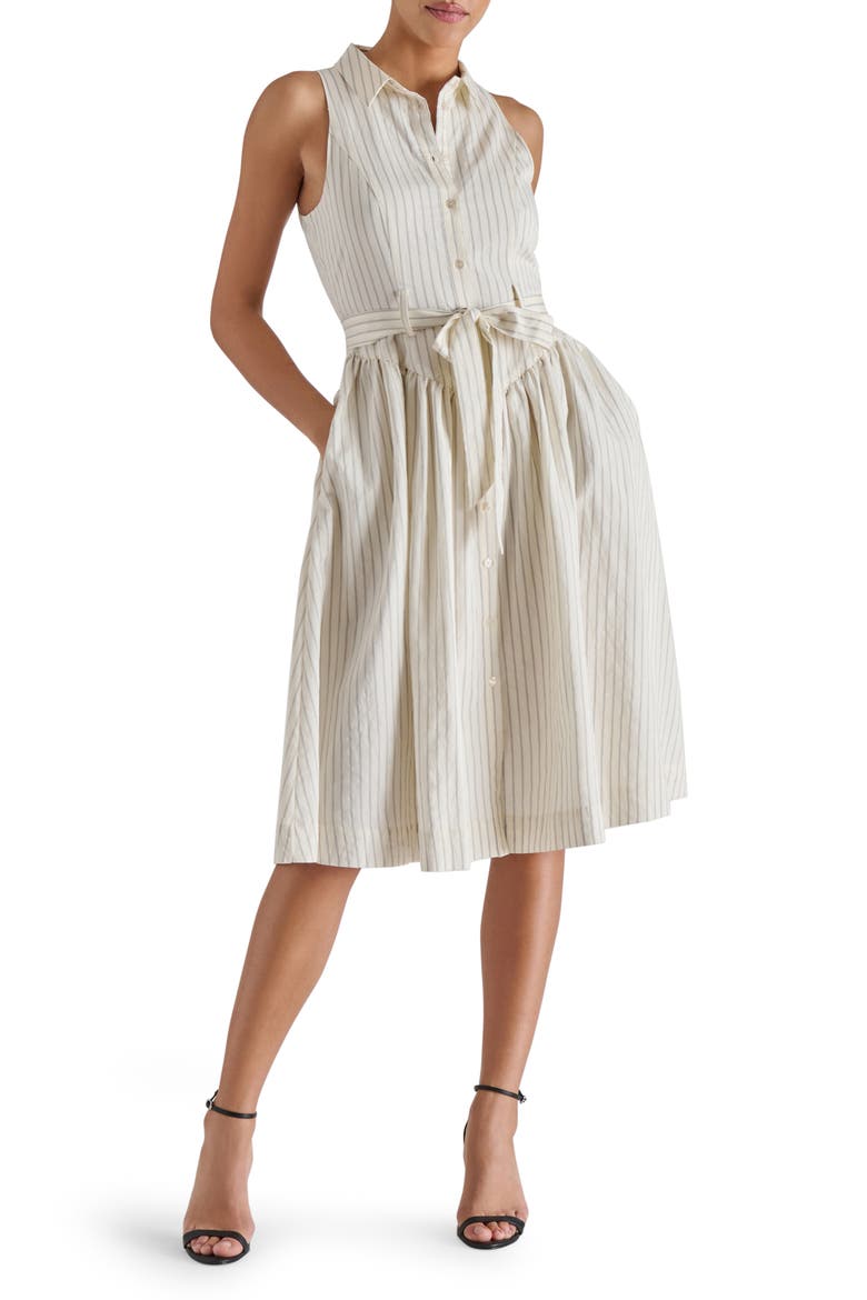 Mary Pinstripe Sleeveless Shirtdress, Main, color, CREAM/ BLACK