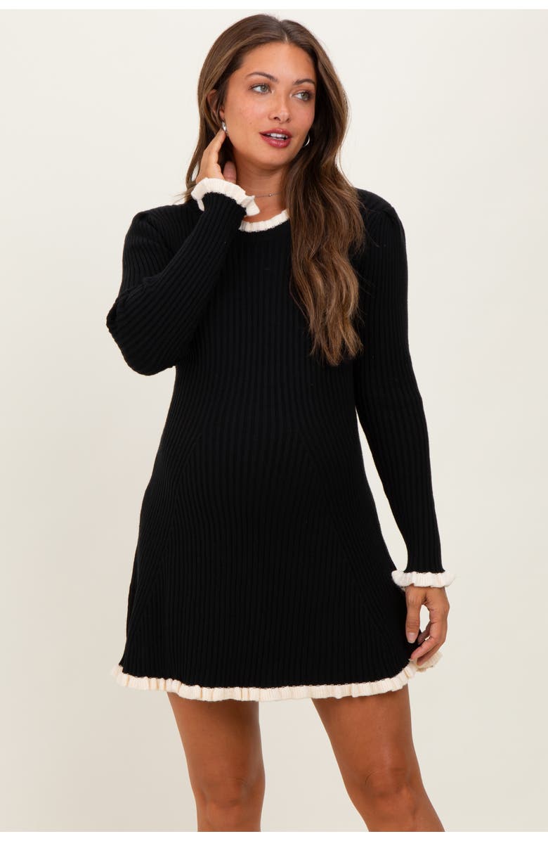 PinkBlush Ribbed Knit Contrast Ruffle Trim Mini Dress, Main, color, Black
