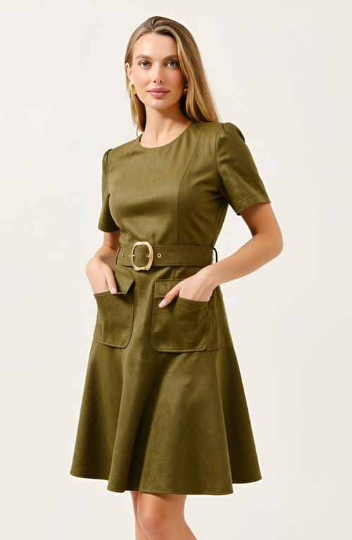 Modenaire Short Sleeve Mini Dress With Belted Waist And Utility Pockets In Green
