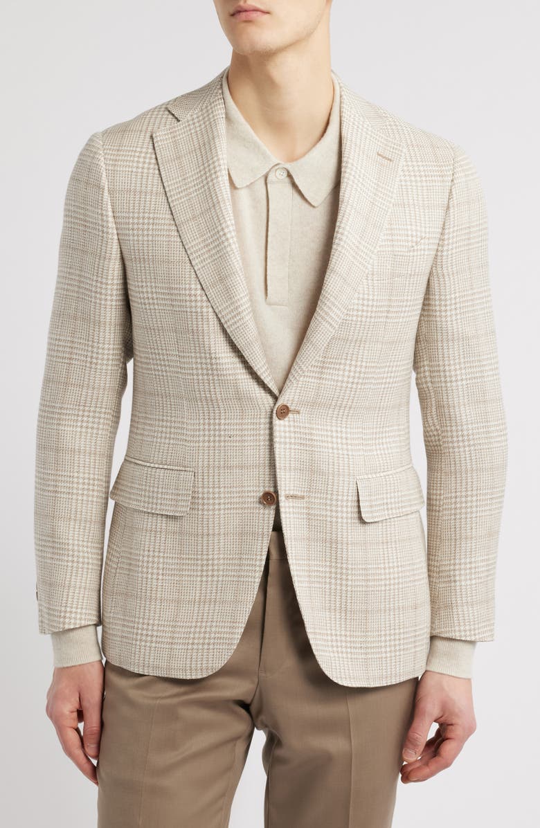 Canali Capri Trim Fit Plaid Wool & Linen Blend Sport Coat, Main, color, Beige