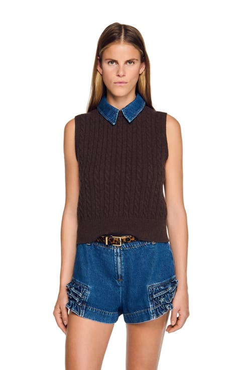 Knit sweater with removable denim collar