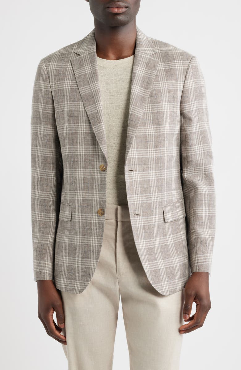 Nordstrom Henrik Trim Fit Plaid Slub Linen & Cotton Blend Sport Coat, Main, color, Tan Enzo Plaid