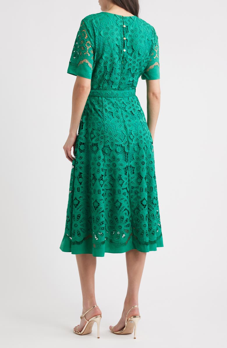 Elie Tahari The Gaia Belted Lace Midi Dress, Alternate, color, 