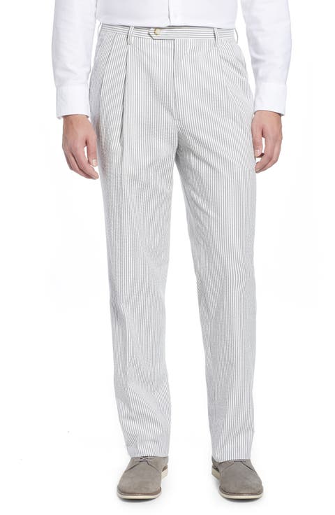 Pleated Seersucker Cotton Dress Pants