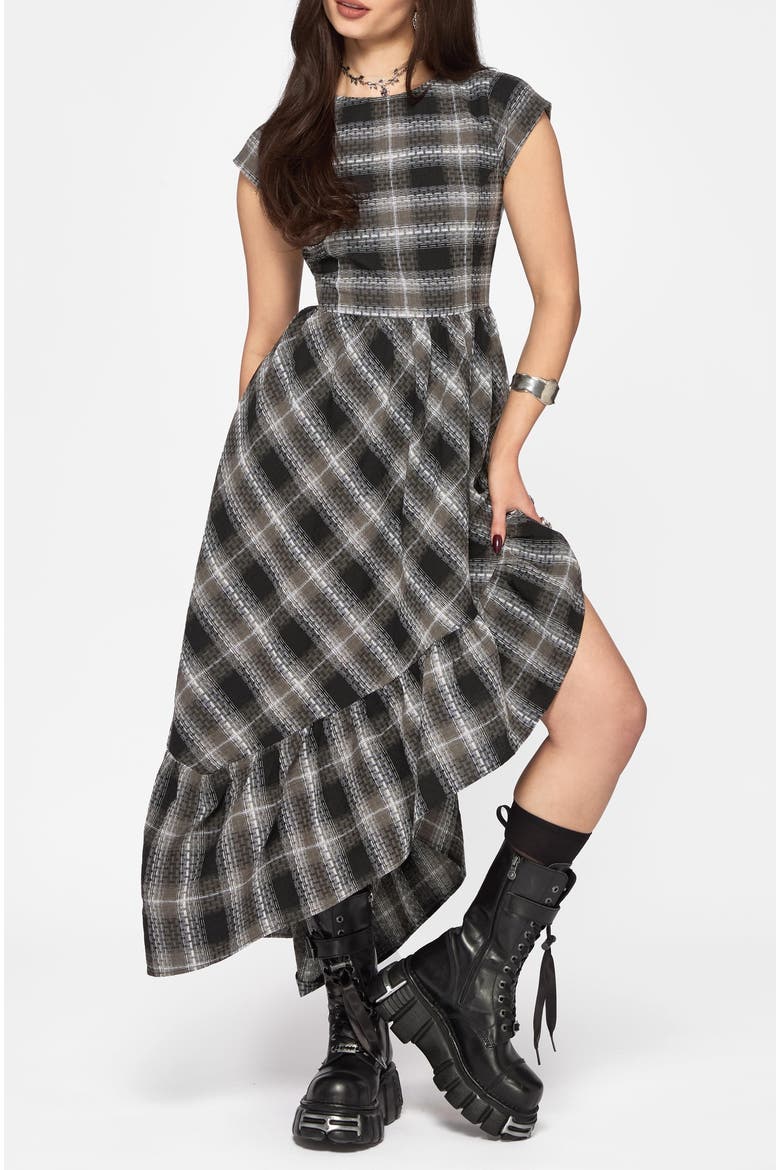 Noemi Check Asymmetric Ruffle Maxi Dress, Alternate, color, Grey