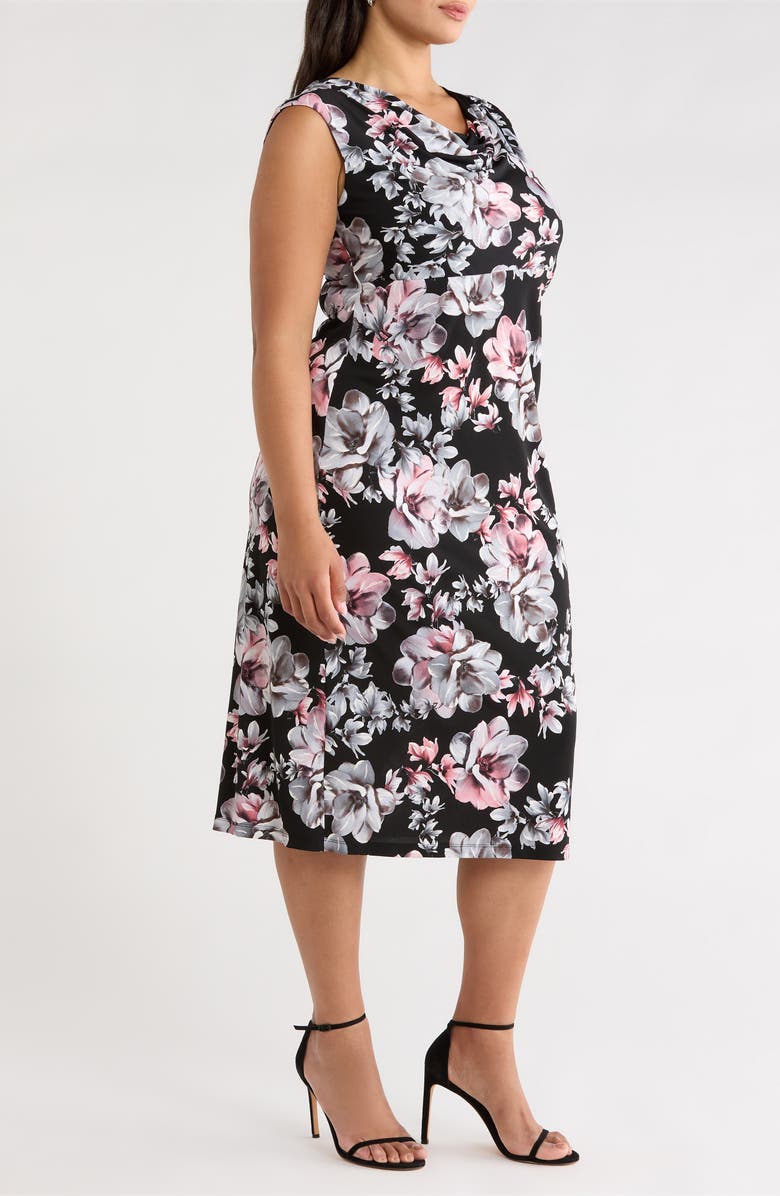 Connected Apparel Floral Cowl Neck Cap Sleeve Midi Dress, Alternate, color, Black