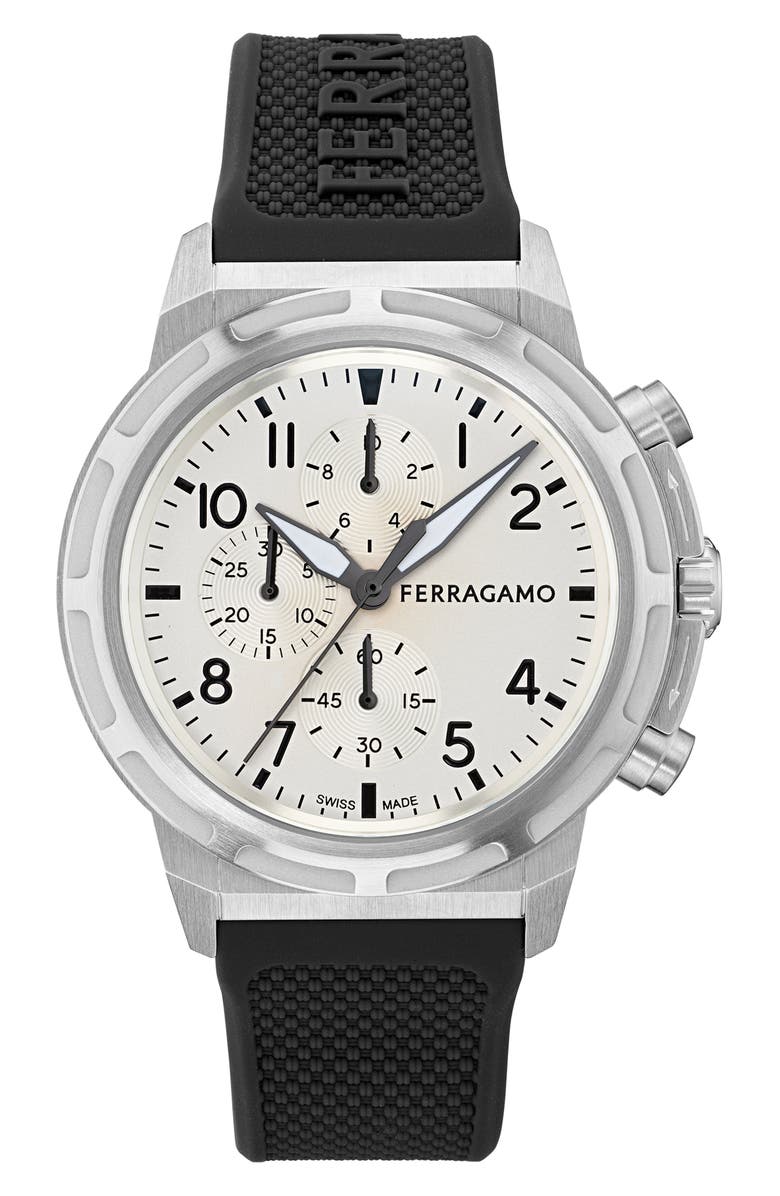 FERRAGAMO Sport Chronograph Silicone Strap Watch, 44mm, Main, color, Stainless Steel