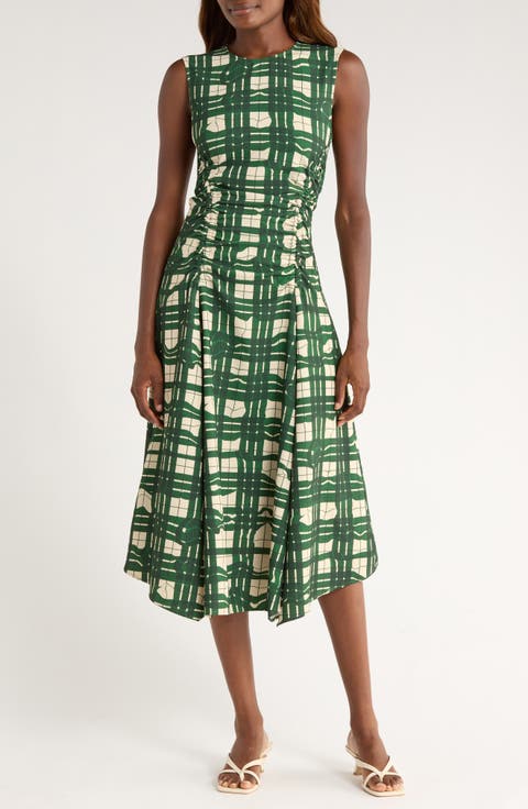 Check Ruched Sleeveless Midi Dress