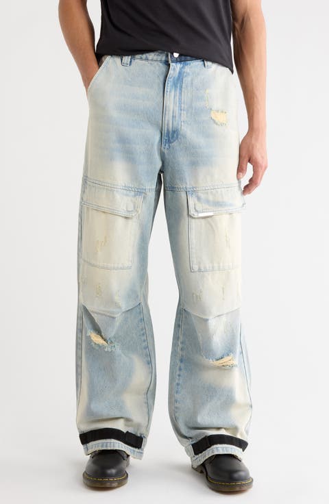 Wylie Distressed Relaxed Leg Cargo Jeans (Blue Clouds)
