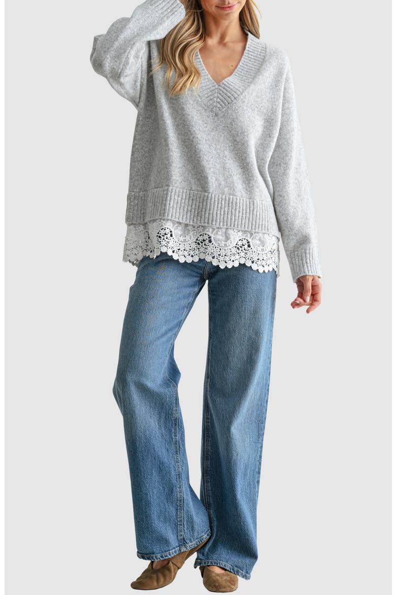 Lace Hem V-Neck Sweater, Alternate, color, HEATHER GREY