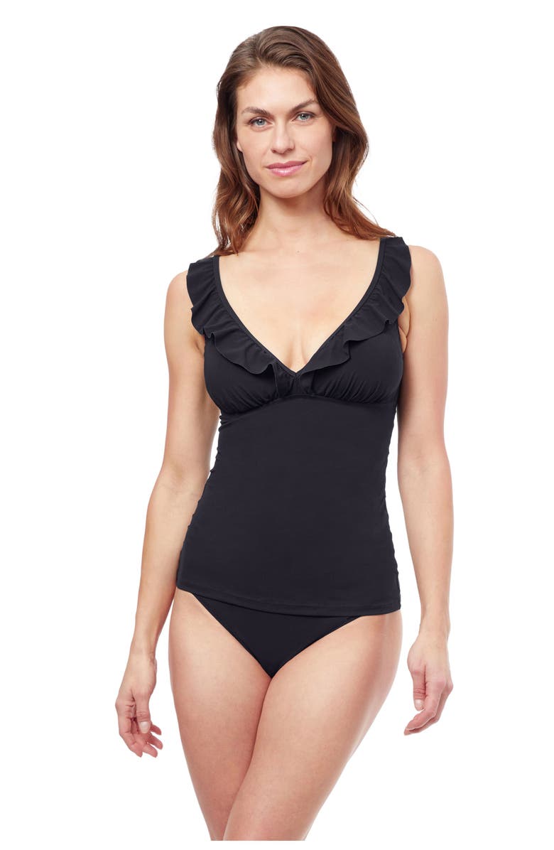Profile by Gottex Tutti Frutti D-Cup V-neck Ruffle tankini, Main, color, Black