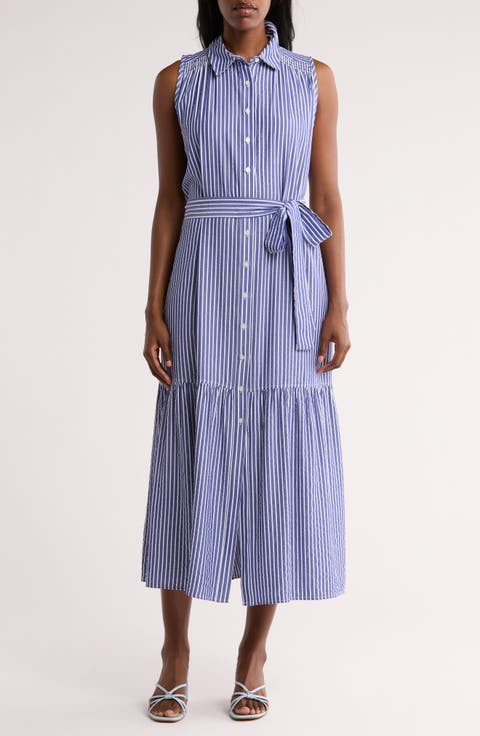 Seersucker Tie Waist Maxi Shirtdress