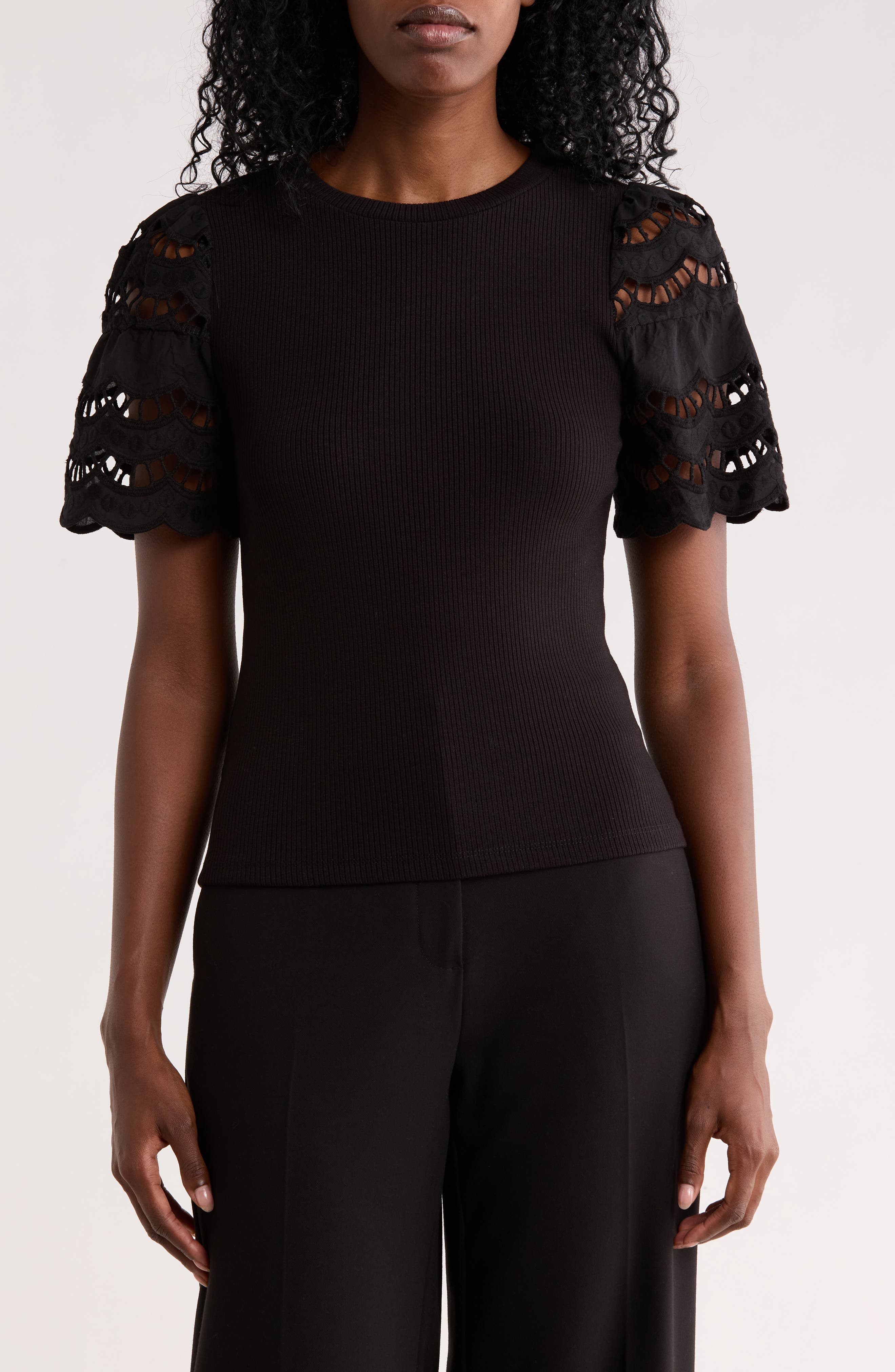 T Tahari Embroidered Eyelet Sleeve Ribbed Top