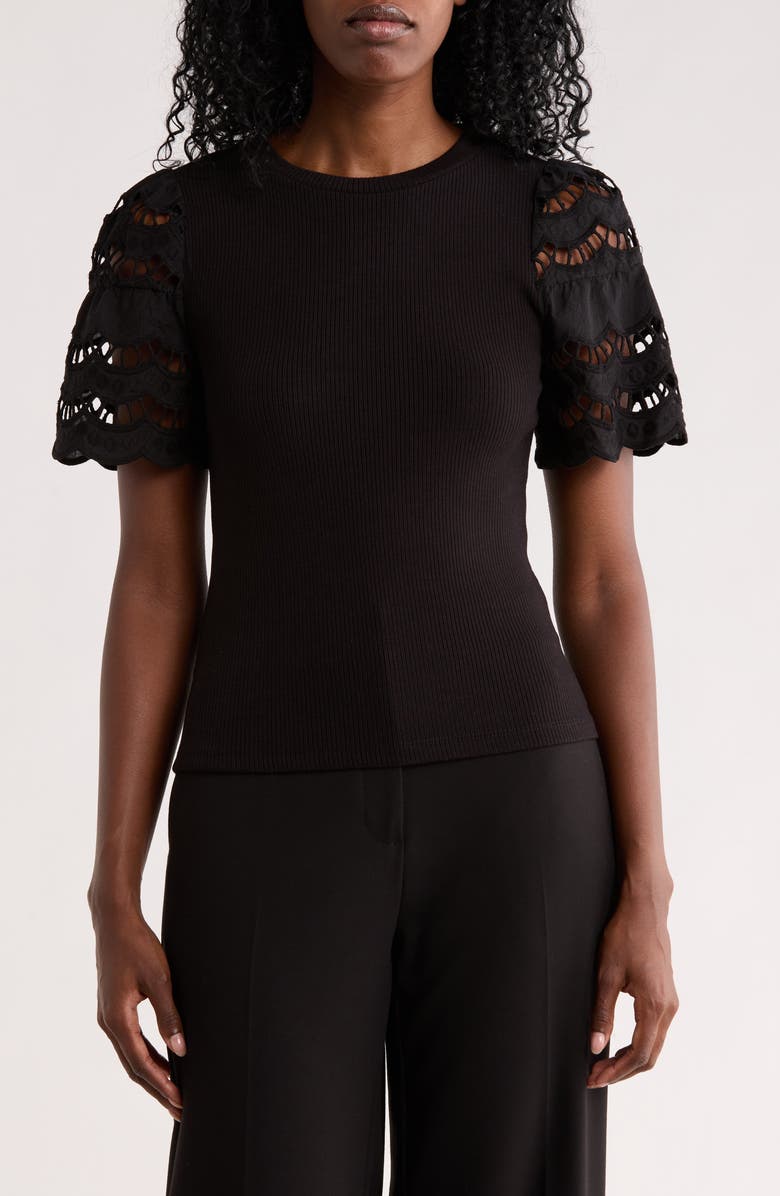 T Tahari Embroidered Eyelet Sleeve Ribbed Top, Main, color, Black
