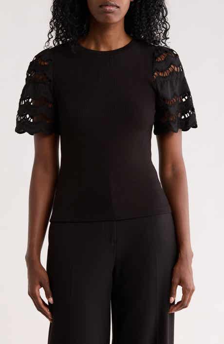 T Tahari Embroidered Eyelet Sleeve Ribbed Top
