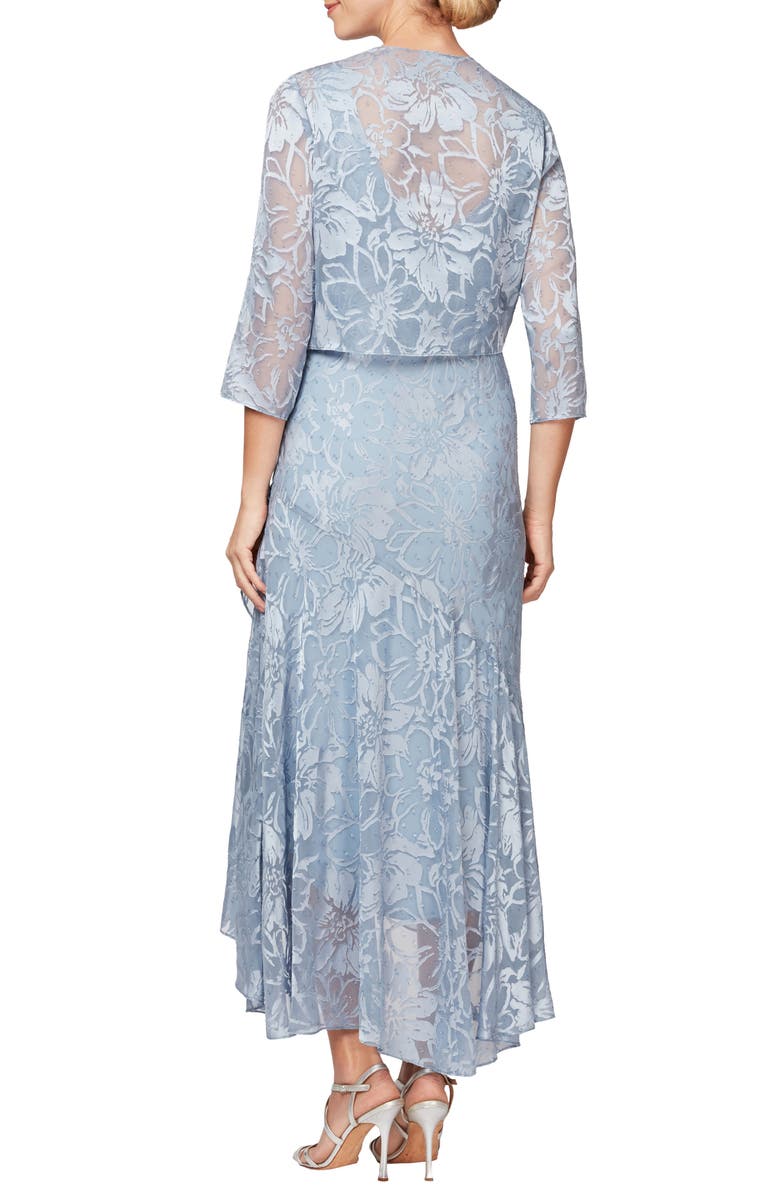 Alex Evenings Metallic Textured Floral Burnout High/Low Dress with Jacket, Alternate, color, 