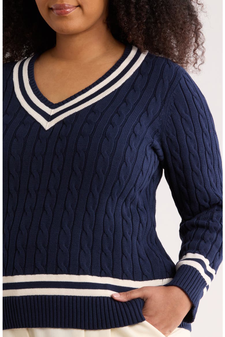 Cable Stitch Crewneck Cotton Sweater, Alternate, color, REFINED NAVY BLUE/ CREAM
