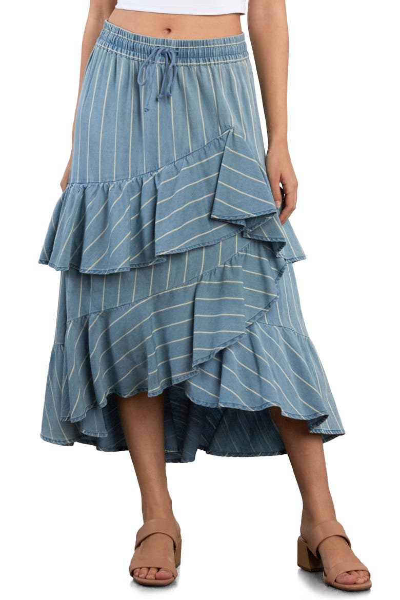 Moonlit Ruffle Midi Skirt, Main, color, DENIM CABANA STRIPE
