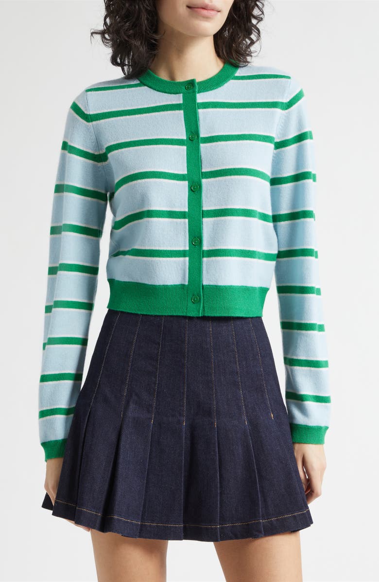 Alice + Olivia Dollie Stripe Crop Cashmere Blend Cardigan, Main, color, Glamour Stripe Carolina Blue